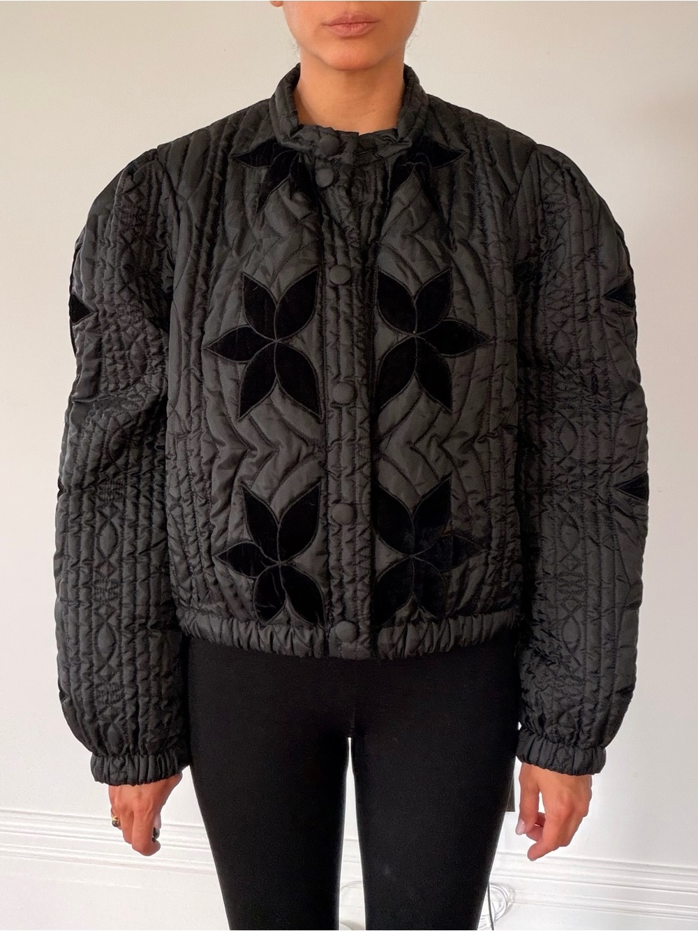 Free People Black Quilted Velvet Floral Bomber Jacket